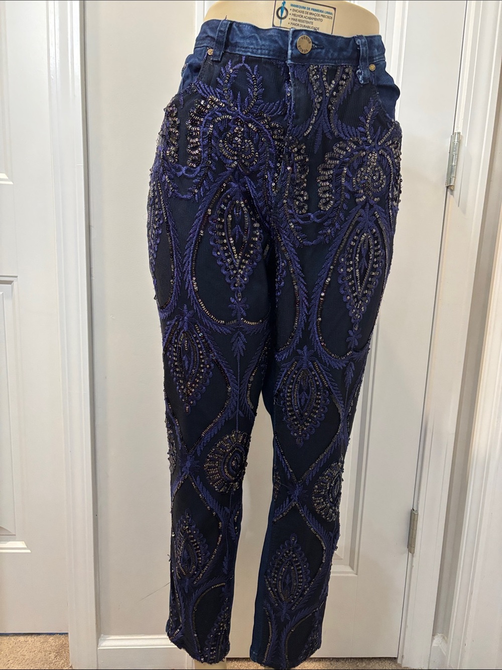 VENUS Navy Cropped Pants with Black and Blue Beaded Embroidery Size 18